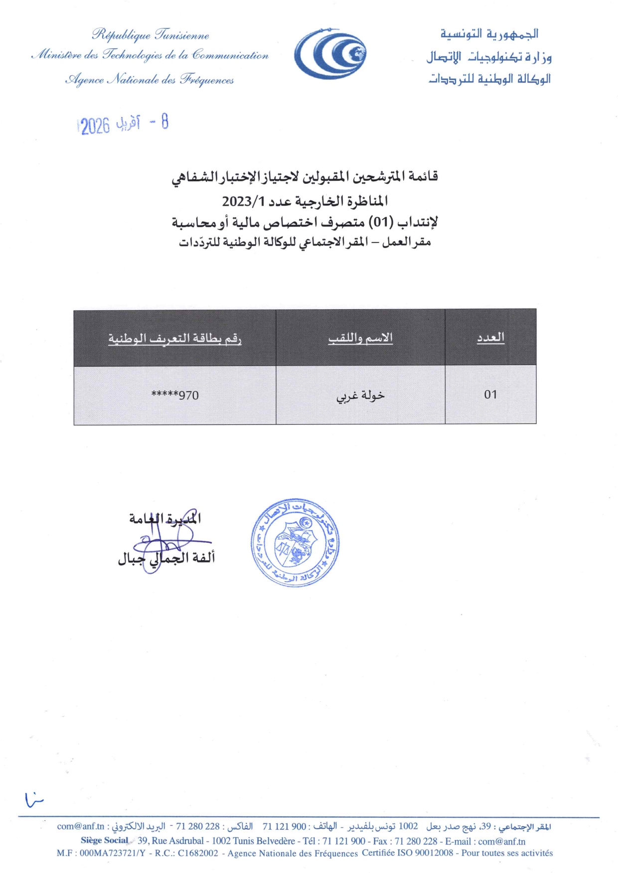 la liste des candidats admis à passer l’épreuve orale du concours externe sous le code 01/2023
