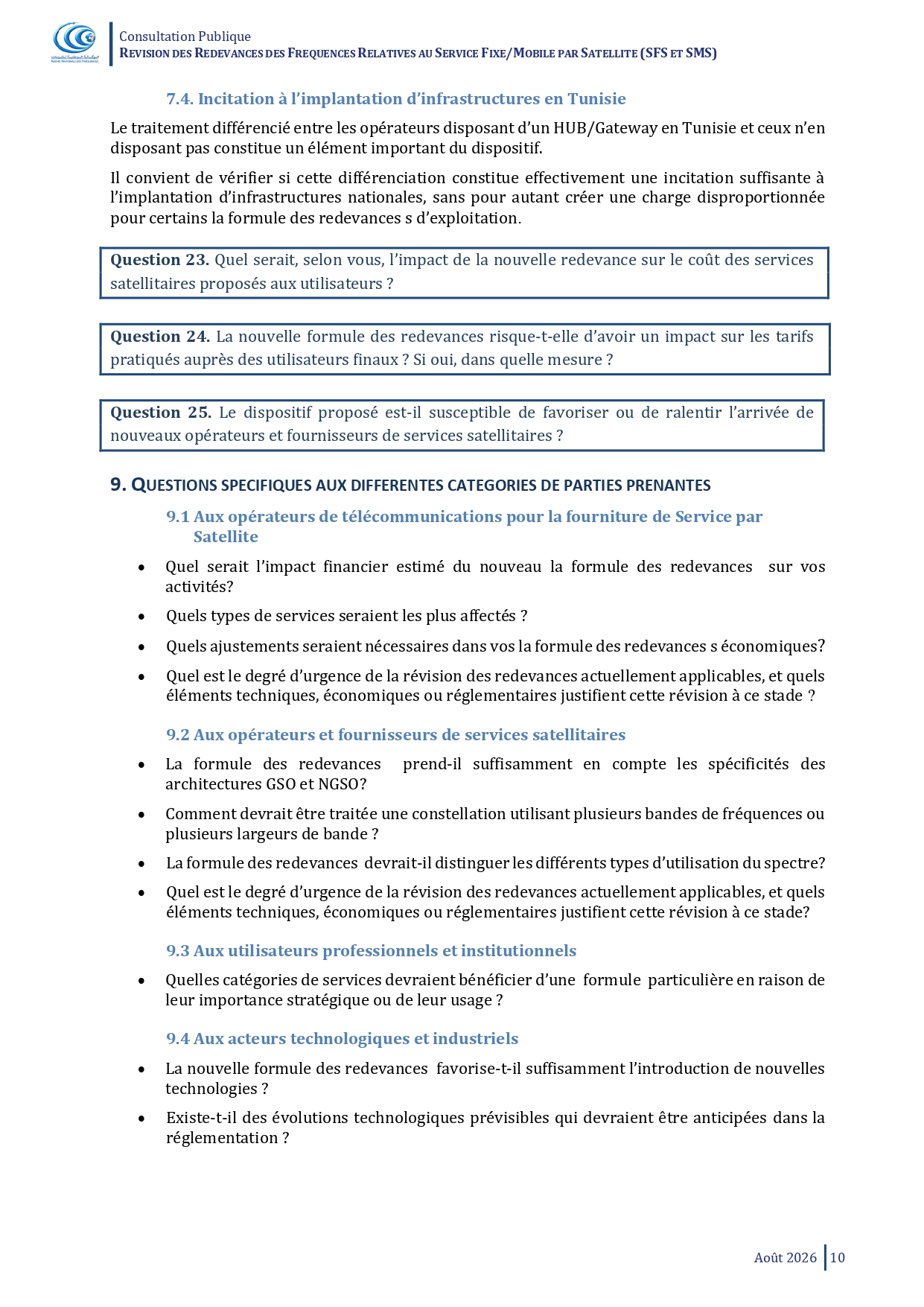 Consultation Publique Relative à la "Révision des Redevances de Fréquences Relatives au service Fixe/Mobile par Satellite (SFS et SMS)