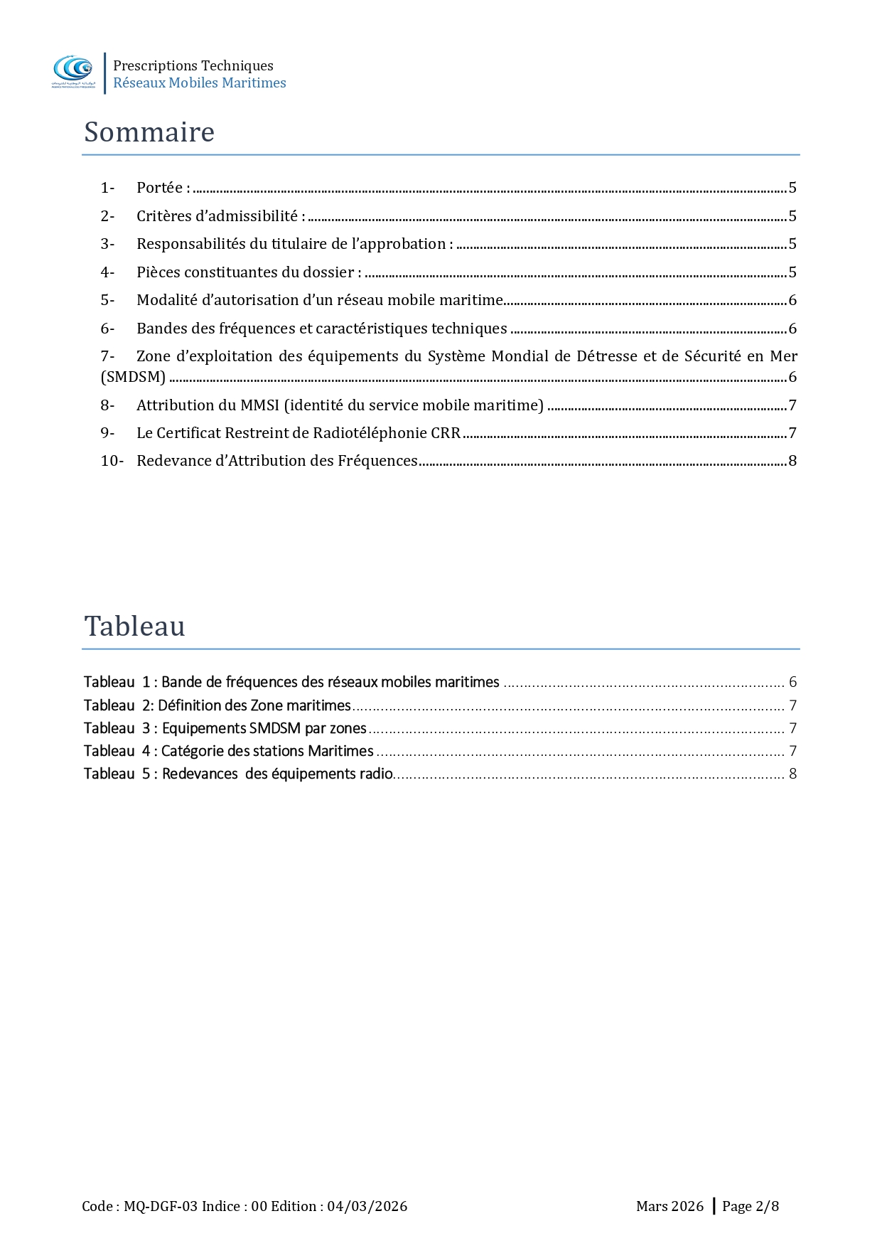 Prescriptions Techniques des réseaux mobiles maritimes