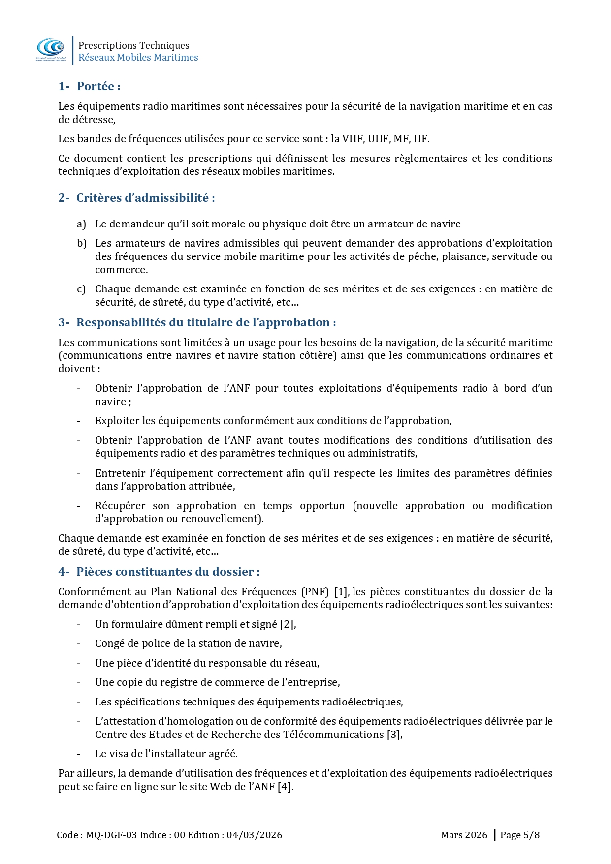 Prescriptions Techniques des réseaux mobiles maritimes