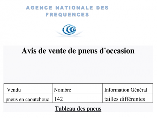 Avis de vente de pneus d'occasion